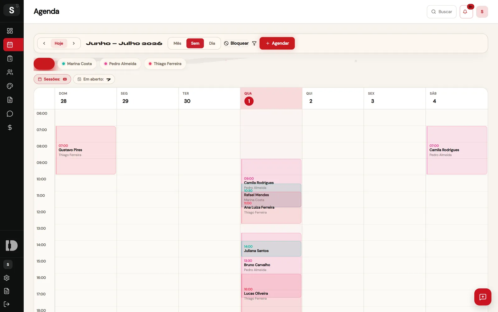 Agenda semanal do estúdio